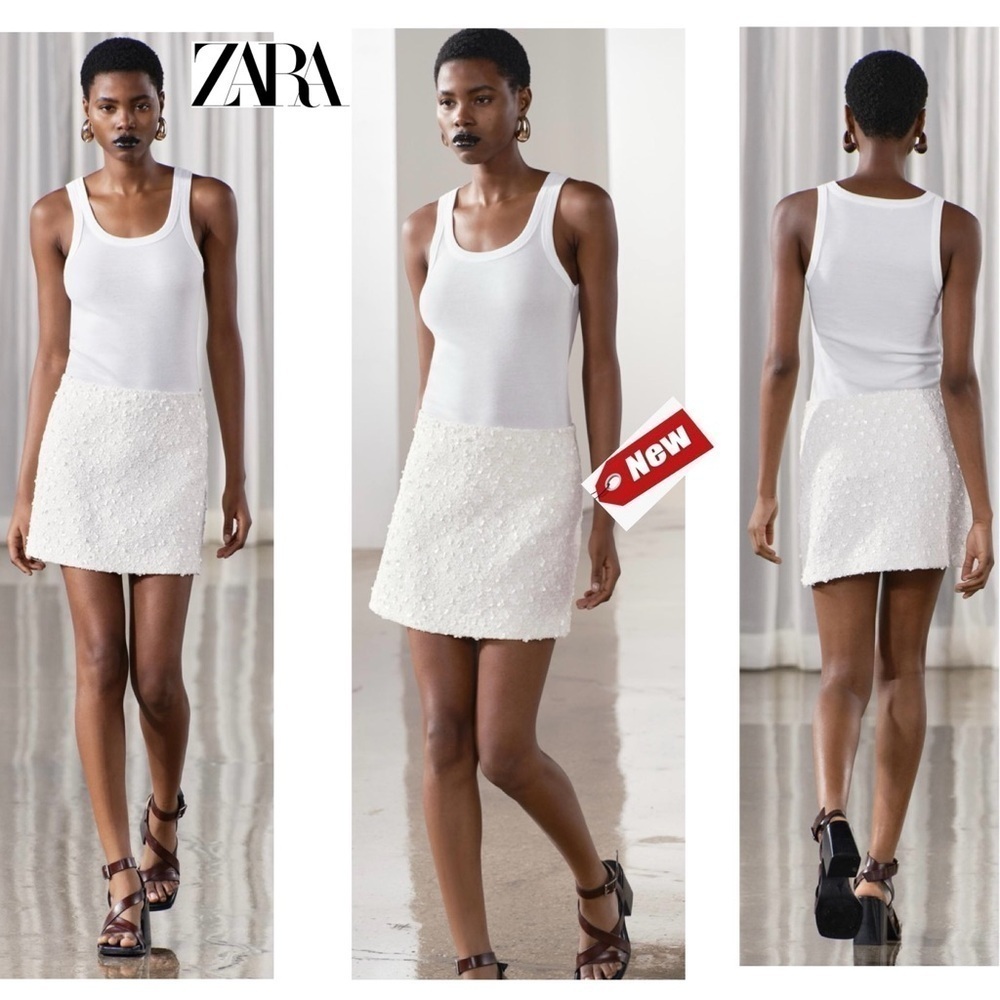 Zara ZW Collection white beaded sequin embroidered high waisted mini skirt L NWT